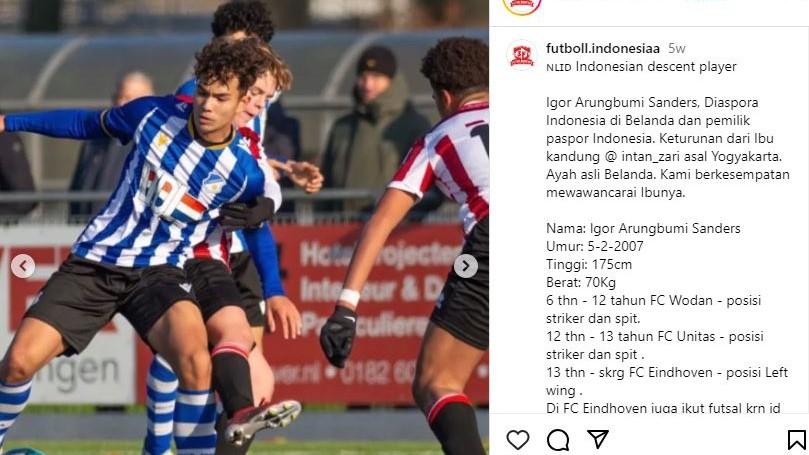 Igor Arungbumi Sanders, pemain diaspora Indonesia di Belanda, kini dicoret dari seleksi Timnas Indonesia U-17 jelang Piala Dunia U-17 2023 (Foto: IG @futboll.indonesiaa)