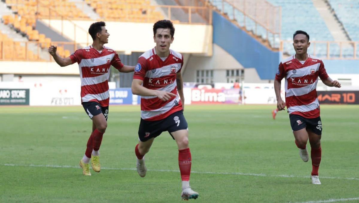 Selebrasi Francisco Rivera di laga Persikabo 1973 vs Madura United dalam lanjutan Liga 1. (Foto: MO Madura United)