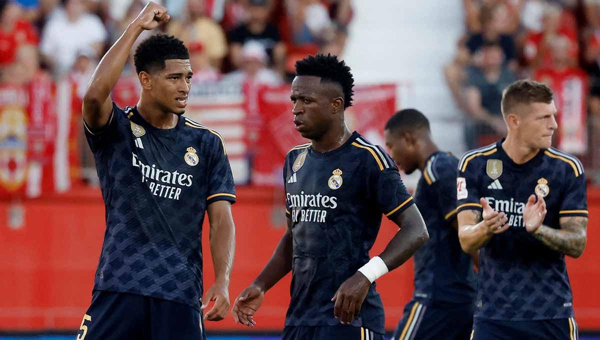 Skuad Real Madrid usai cetak gol ke gawang Almeria di Liga Spanyol. - INDOSPORT