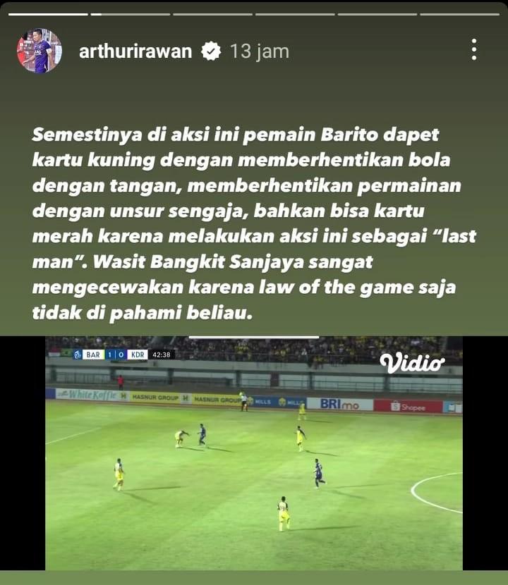 Uneg-uneg Arthur Irawan saat Persik Kediri kalah dari Barito Putera (Foto: IG @arthurirawan) Copyright: Instagram @arthurirawan