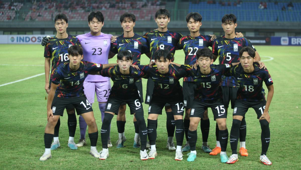 Starting eleven Korea Selatan U-17 dalam laga uji coba melawan Timnas Indonesia U-17 di Stadion Patriot, Bekasi, Rabu (30/08/23).