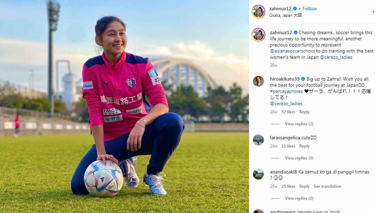 Zahra Muzdalifah melontarkan fakta dan kritikan bahwa tidak ada kompetisi sepak bola wanita di Indonesia, yang membuatnya nekat hijrah ke Jepang. (Foto: Instagram@zahmuz12) - INDOSPORT