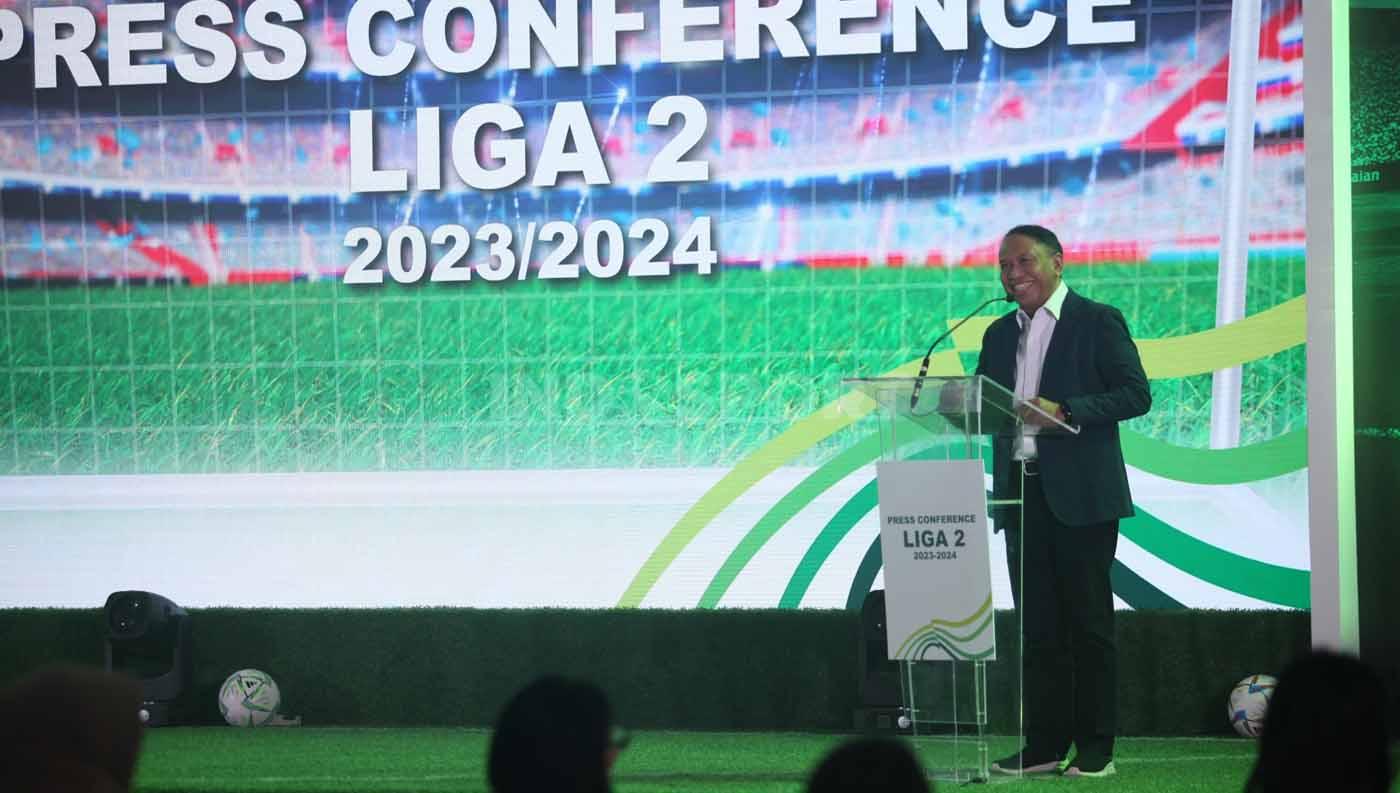 Waketum PSSI, Zainudin Amali saat memberikan kata sambutan dalam acara press conference launching Liga 2 2023/2024 di Jakarta, Selasa (05/09/23).