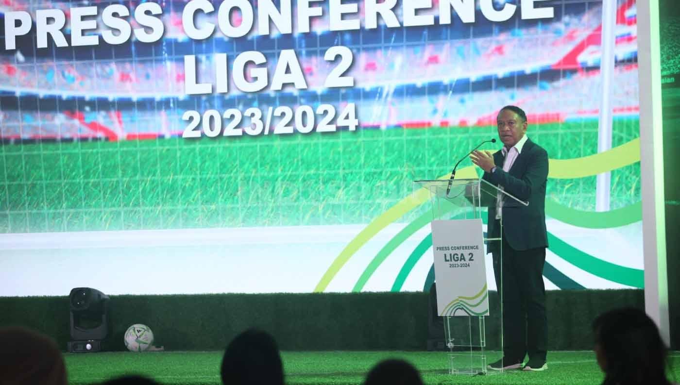 Waketum PSSI, Zainudin Amali saat memberikan kata sambutan dalam acara press conference launching Liga 2 2023/2024 di Jakarta, Selasa (05/09/23).