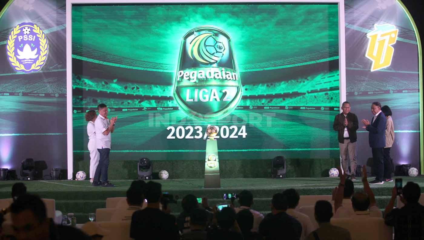 Ki-ka: Dirut Programing SCM Harsiwi Achamd, Dirut PT Pegadaian Damar Setiawan, Waketum PSSI Zainudin Amali, Dirut PT LIB Ferry Paulus saat meresmikan Liga 2 2023/2024 akan bergulir acara press conference launching di Jakarta, Selasa (05/09/23).