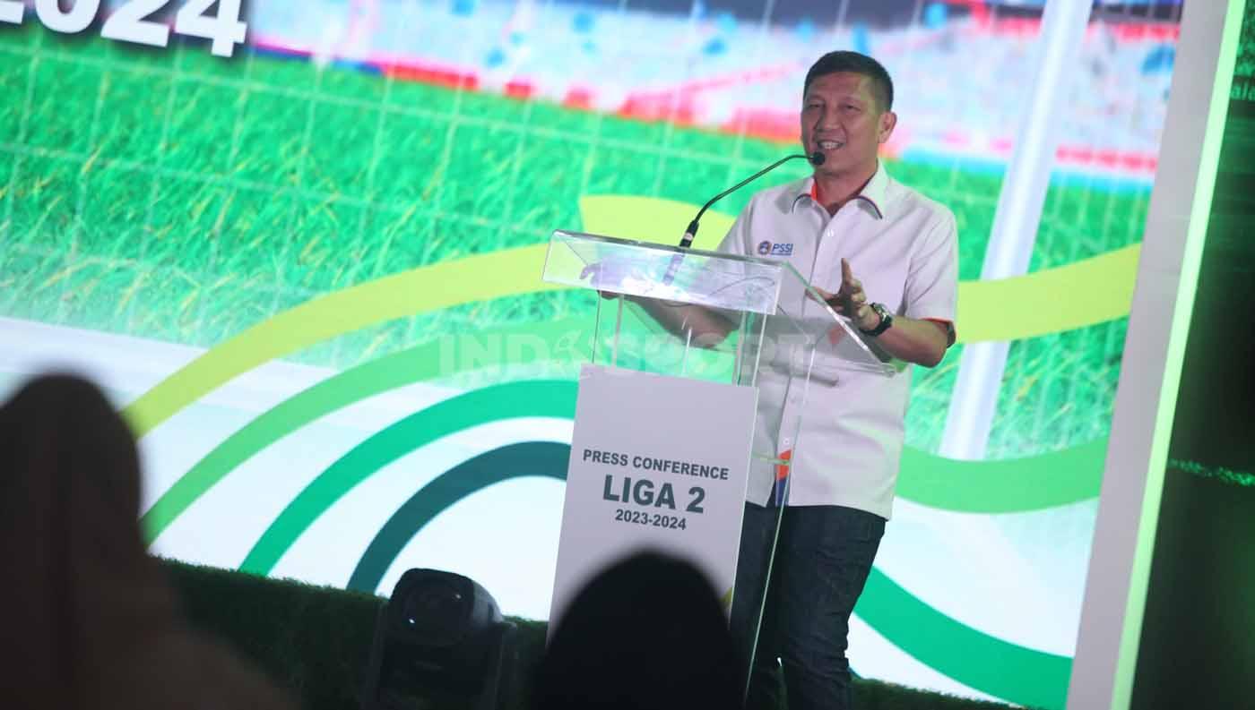 Dirut PT LIB, Ferry Paulus saat memberikan kata sambutan dalam acara launching Kompetisi Liga 2 2023/2024 di Jakarta, Selasa (05/09/23). Kick-off Liga 2 resmi akan digelar pada 10 September mendatang.