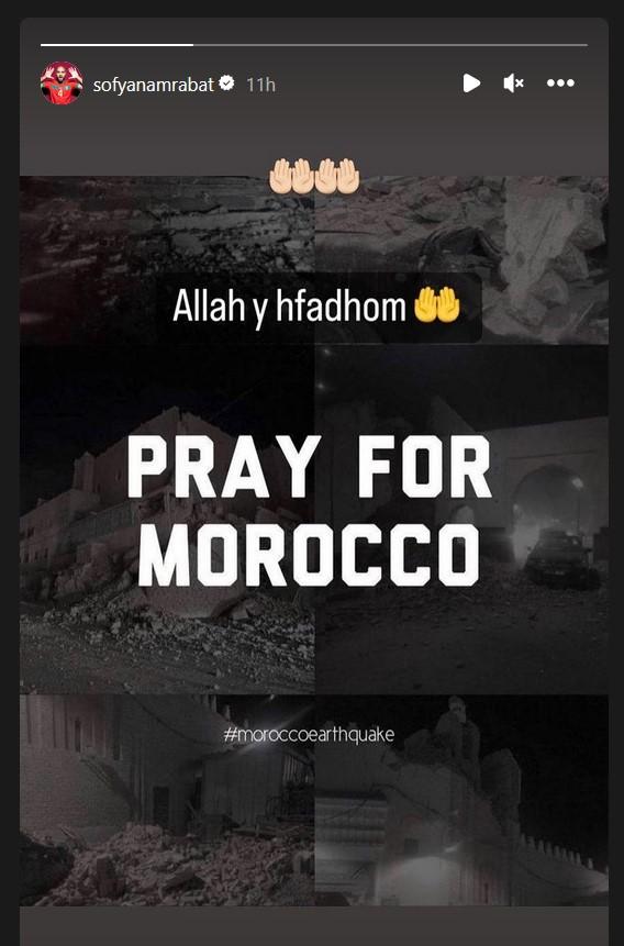 Instastory Sofyan Amrabat terkait gempa Maroko. Copyright: Instagram: sofyanamrabat