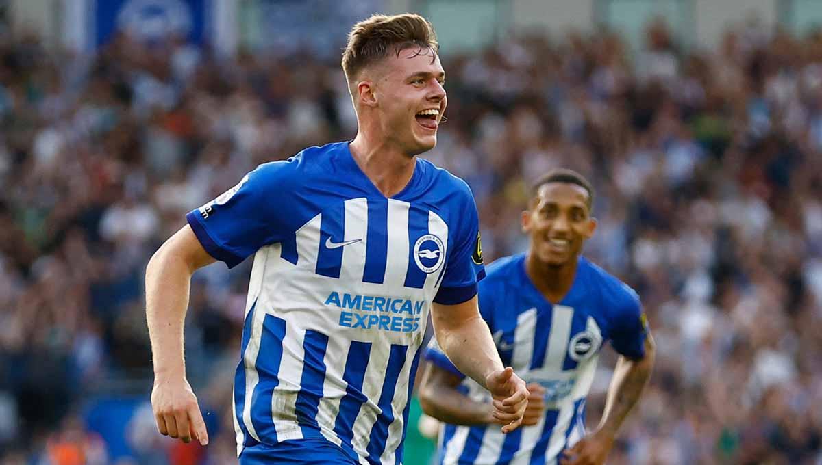 Selebrasi pemain Brighton & Hove Albion, Evan Ferguson usai mencetak gol. (Foto: Reuters/Peter Cziborra)