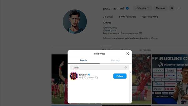 Pratama Arhan kedapatan mem-Follow akun Suwon FC. (Foto: Instagram@pratamaarhan8) Copyright: Instagram@pratamaarhan8