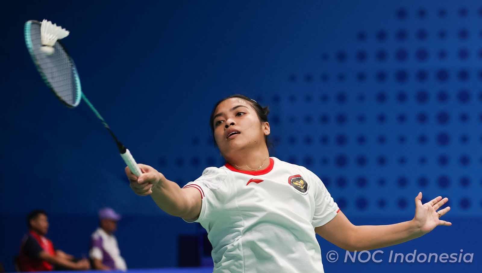 Tunggal putri Indonesia, Gregoria Mariska Tunjung tampil di Asian Games 2022 di Binjiang Gymnasium, Jumat (29/09/23). (Foto: NOC Indonesia/Naif Al