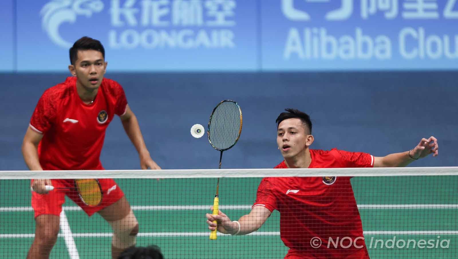 Pasangan ganda putra Indonesia, Fajar Alfian/Muhammad Rian Ardianto di Asian Games 2022 (Foto: NOC Indonesia / Naif Al'as)