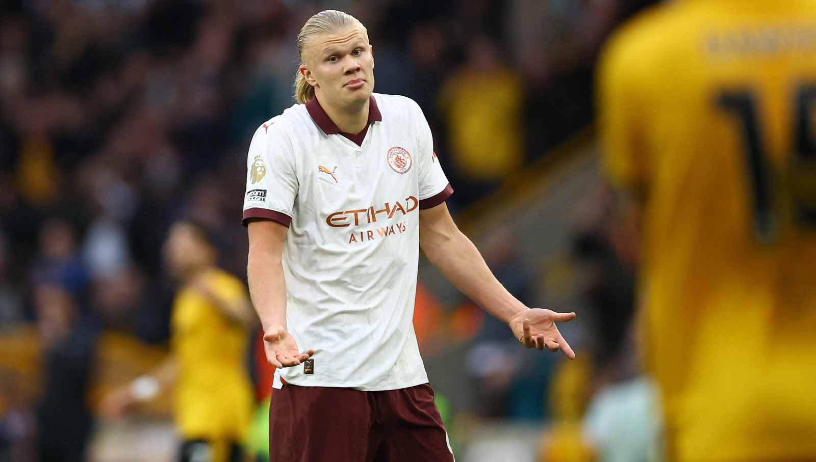 Reaksi pemain Manchester City Erling Braut Haaland sangat kecewa usai kebobolan. (Foto: REUTERS/Hannah Mckay)