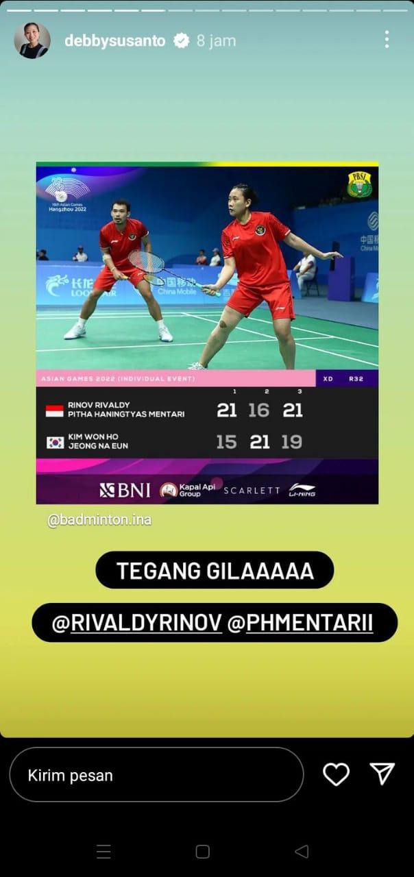 Debby Susanto Dibuat Kagum Rinov/Pitha Libas Kim Won-ho/Jeong Na-eun di babak 32 besar Asian Games 2022. Copyright: instagram story @debbysusanto