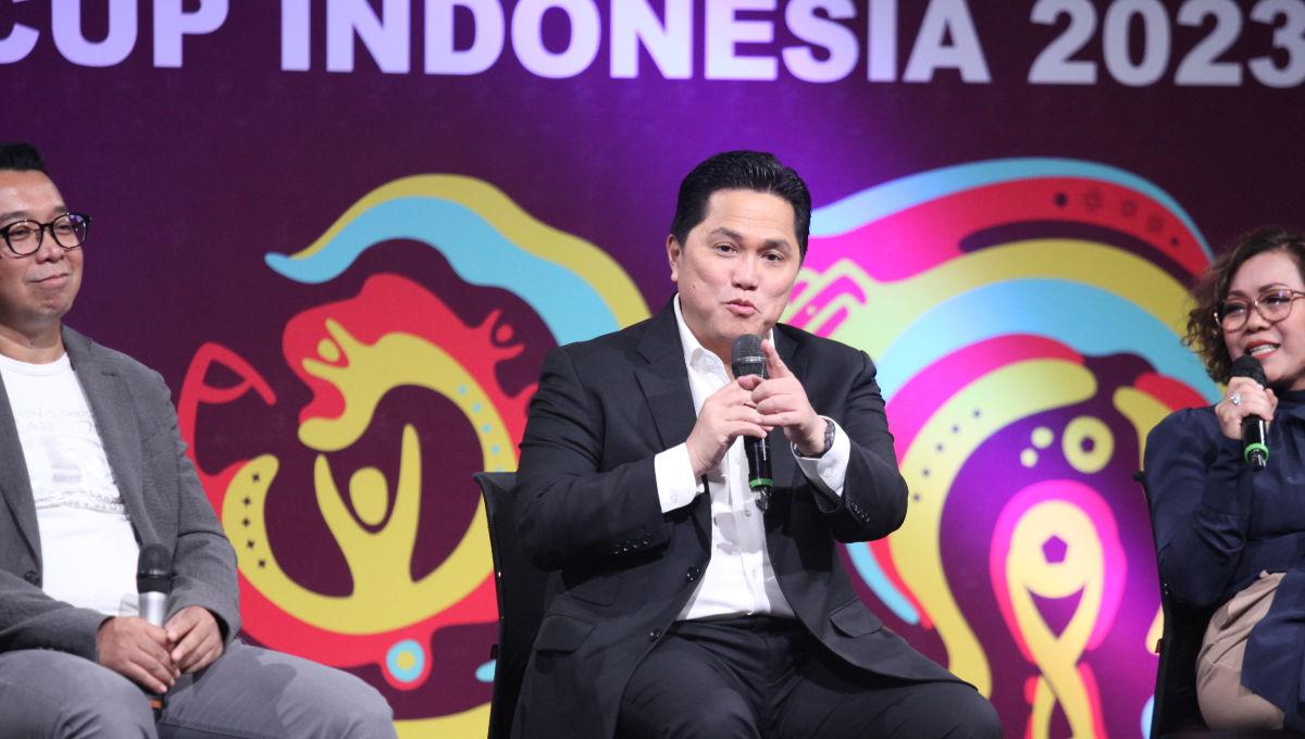 Ketum PSSI Erick Thohir menghadiri acara Broadcaster Announcement FIFA World Cup U-17 Indonesia di Jakarta, Selasa (03/10/23).