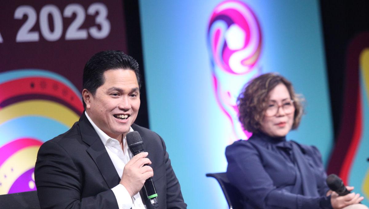 Ketum PSSI Erick Thohir menghadiri acara Broadcaster Announcement FIFA World Cup U-17 Indonesia di Jakarta, Selasa (03/10/23).