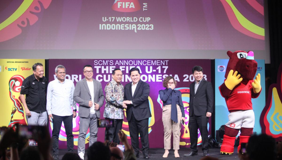 Ketum PSSI Erick Thohir menghadiri acara Broadcaster Announcement FIFA World Cup U-17 Indonesia di Jakarta, Selasa (03/10/23).