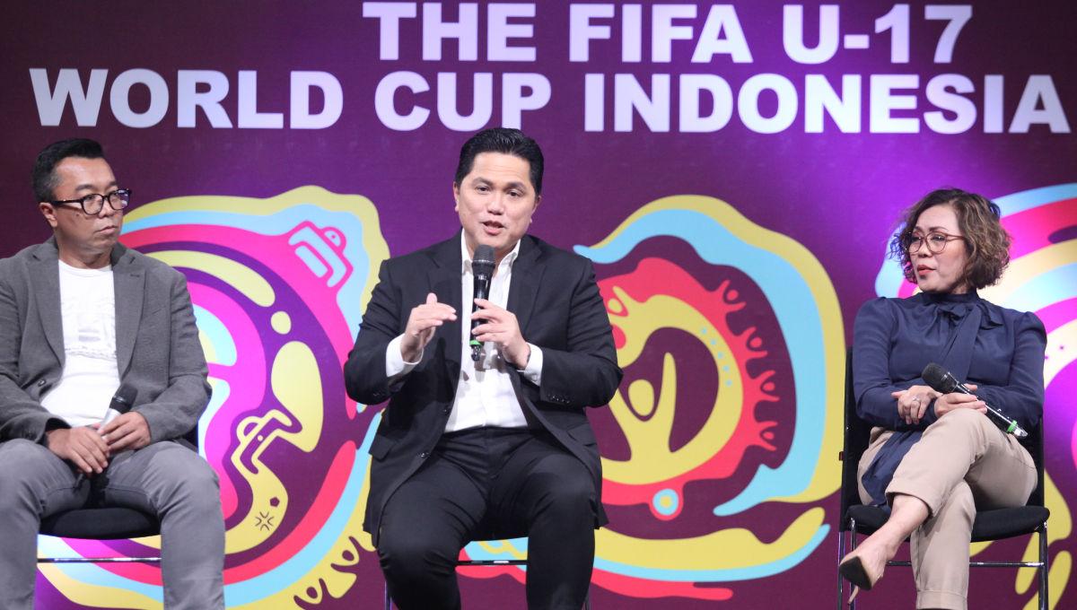 Ketum PSSI Erick Thohir menghadiri acara Broadcaster Announcement FIFA World Cup U-17 Indonesia di Jakarta, Selasa (03/10/23).