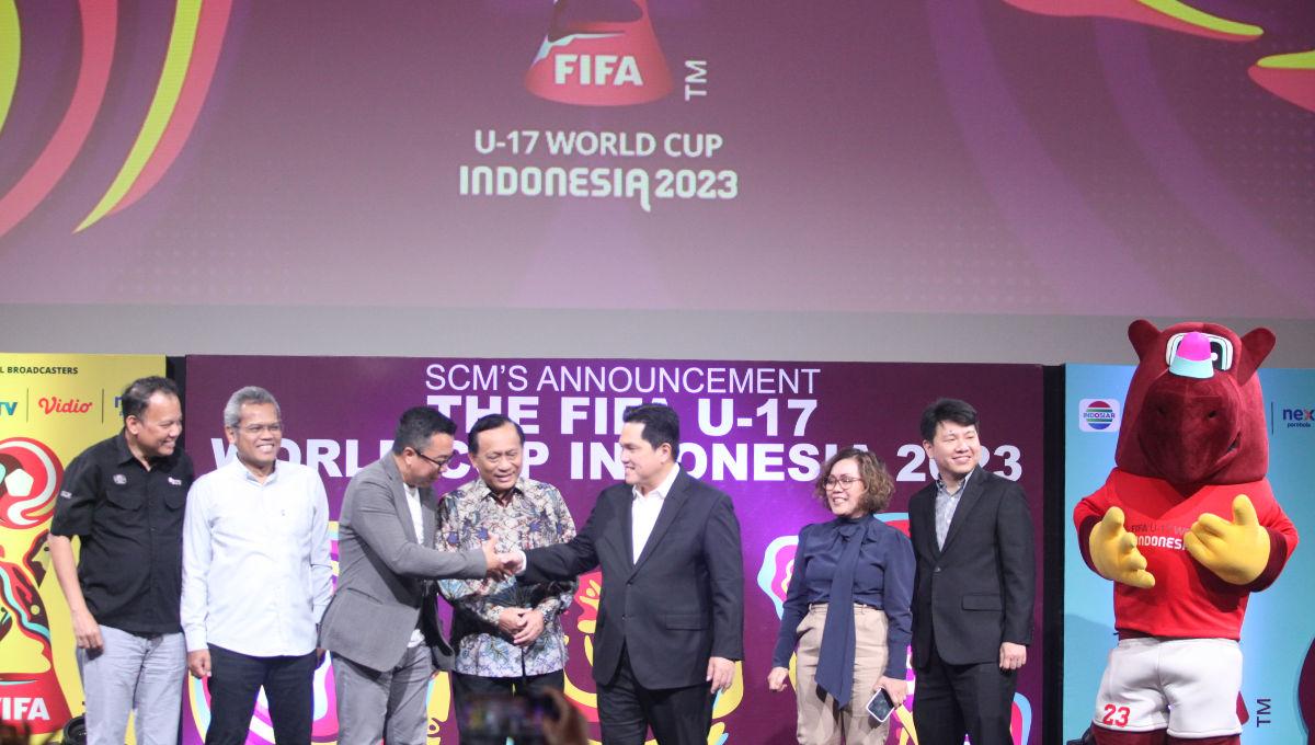 Ketum PSSI Erick Thohir menghadiri acara Broadcaster Announcement FIFA World Cup U-17 Indonesia di Jakarta, Selasa (03/10/23).