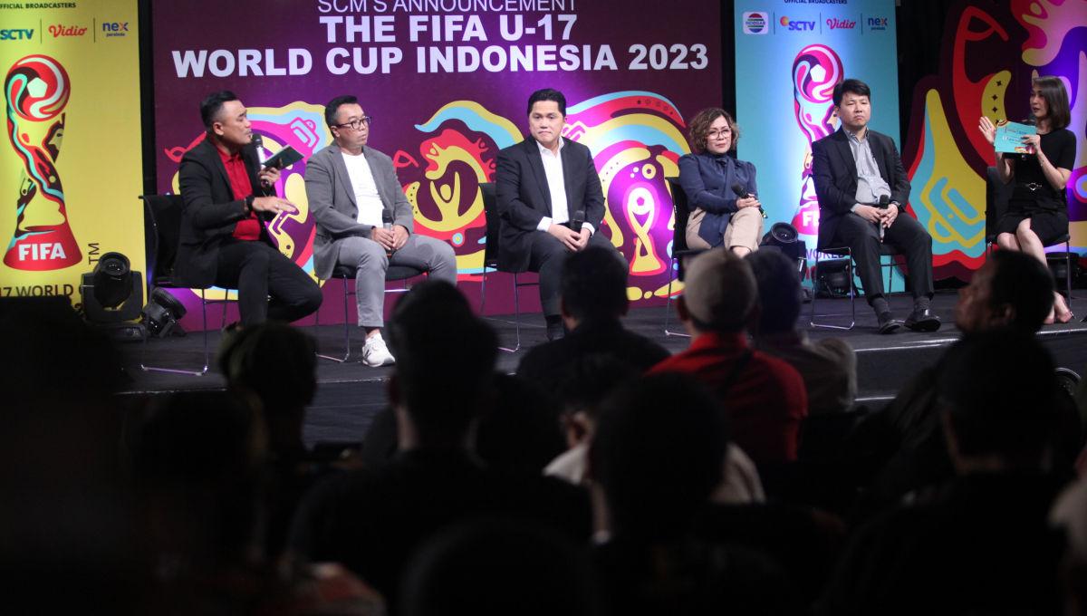 Ketum PSSI Erick Thohir menghadiri acara Broadcaster Announcement FIFA World Cup U-17 Indonesia di Jakarta, Selasa (03/10/23).