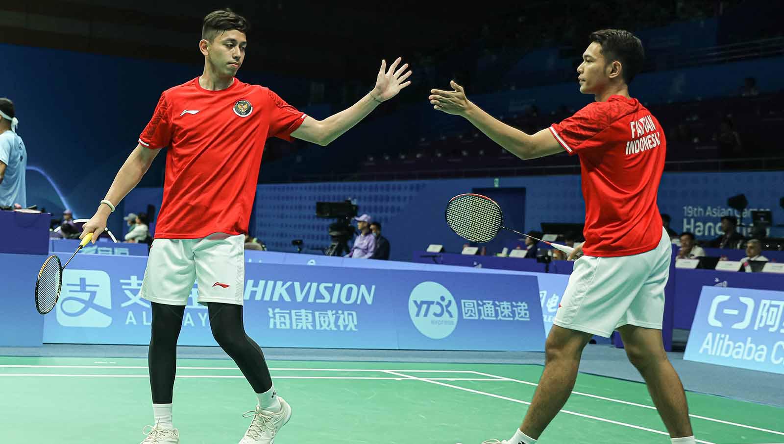 Pasangan ganda putra Indonesia, Fajar Alfian/Muhammad Rian Ardianto di badminton perorangan Asian Games 2022. (Foto: PBSI)