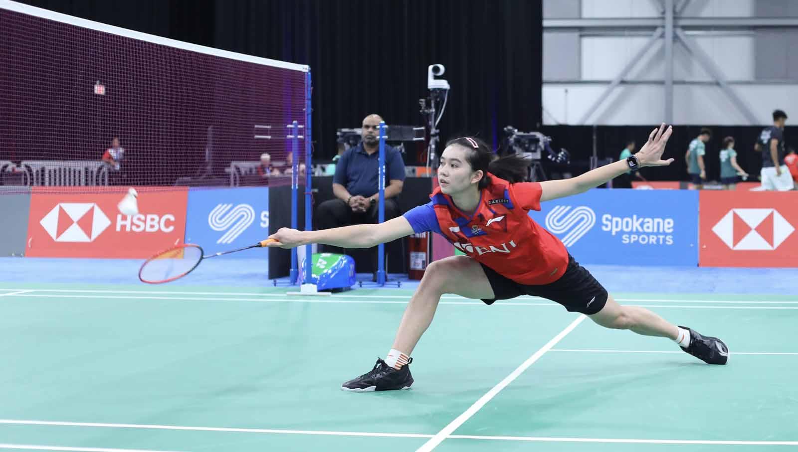 Pebulutangkis tunggal putri Indonesia, Chiara Marvella Handoyo, hampir melakukan split di Kejuaraan Dunia Junior 2023. (Foto: PBSI)