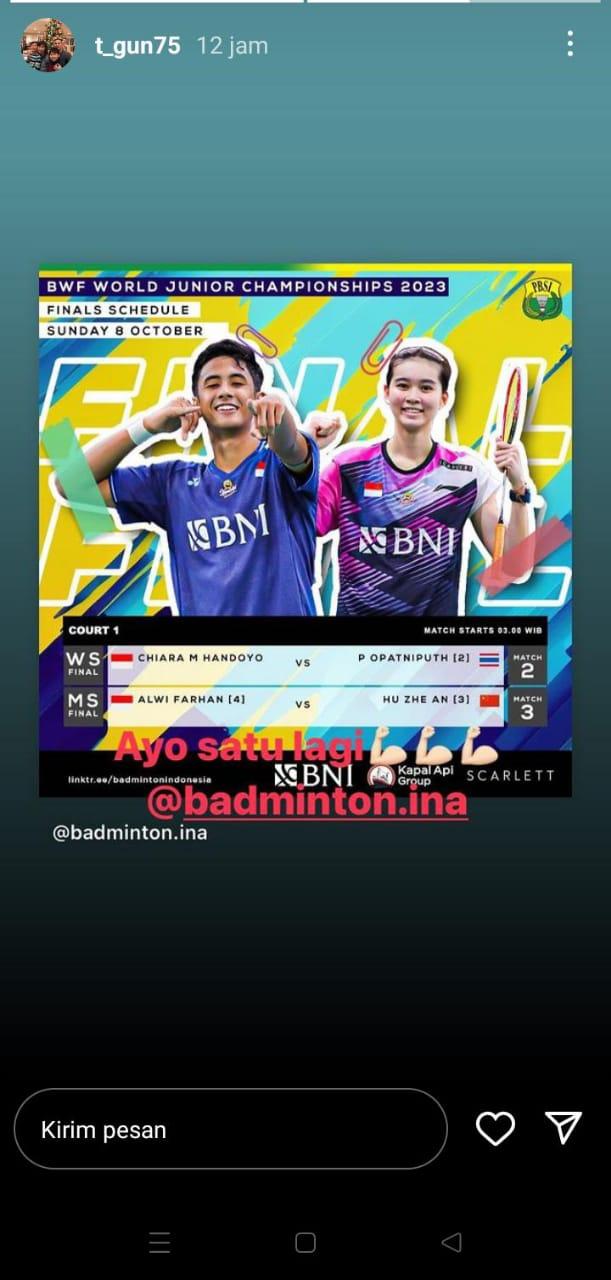 Kegembiraan Tony Gunawan Komentari Prestasi Indonesia di Kejuaraan Dunia Junior 2023, instagram story @t_gun75 Copyright: instagram story @t_gun75