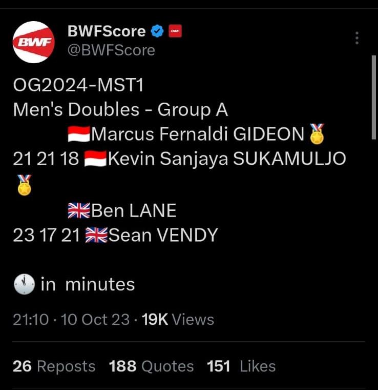 Akun Twitter BWF Score kena hack, Kevin Sanjaya/Marcus Gideon seolah-olah main di Olimpiade 2024 (Foto: Twitter @BWFScore) Copyright: Twitter @BWFScore