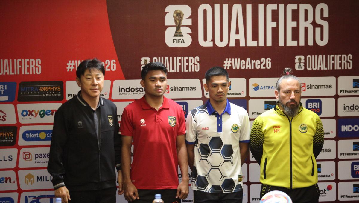 Preematch presconfrence Timnas Indonesia jelang laga Pra Piala Dunia melawan Brunei Darussalam yang dihadiri pelatih Shi Tae-yong dan Kapten Asnawi Mangkualam di Stadion GBK, Rabu (11/10/23).