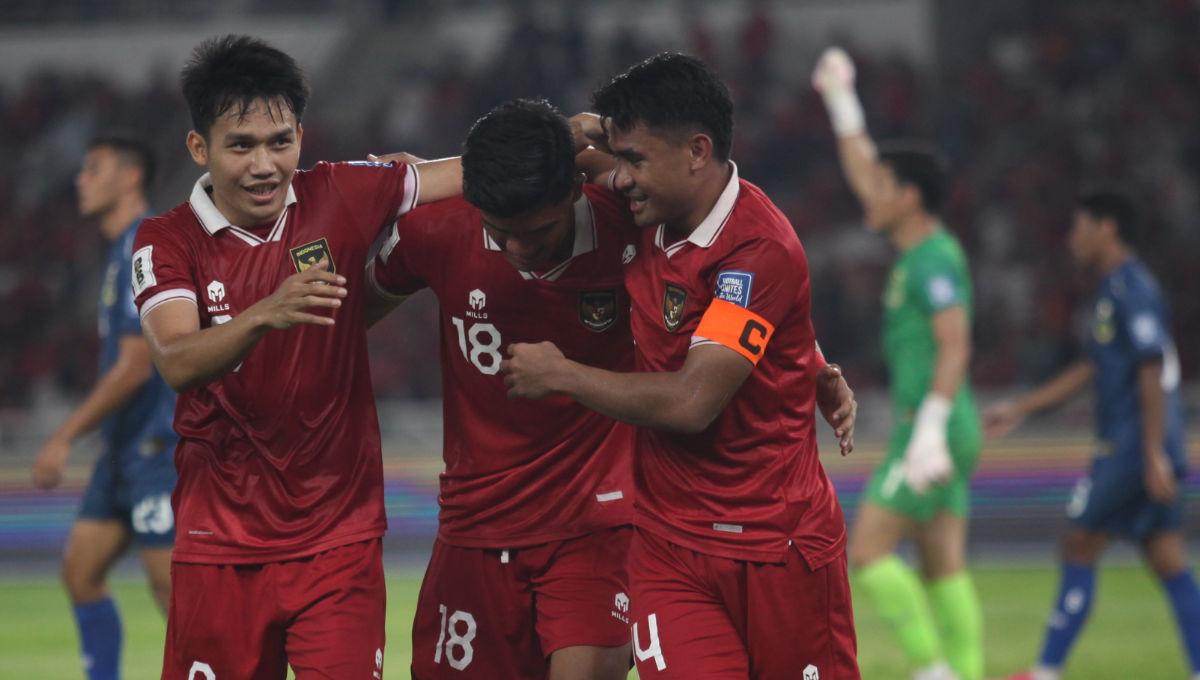 Selebrasi striker Timnas Indonesia, Ramadhan Sananta usai cetak gol ke gawang Brunei Darussalam dalam laga Pra Piala Dunia di Stadion GBK, Kamis (12/10/23).