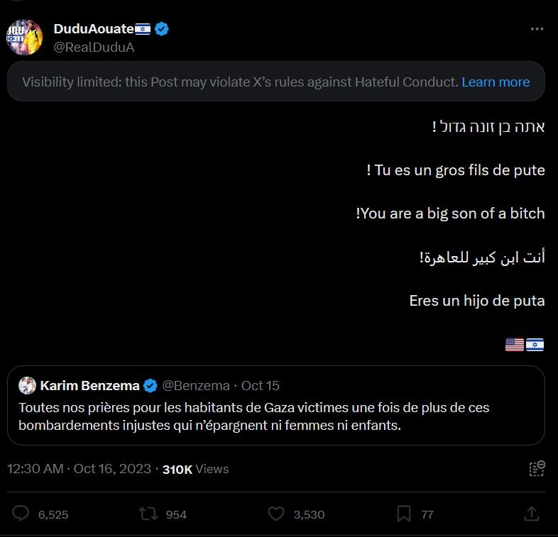 Unggahan Twitter Dudu Aouate yang ditujukan pada Karim Benzema terkait konflik Palestina dan Israel. Copyright: Twitter: RealDuduA