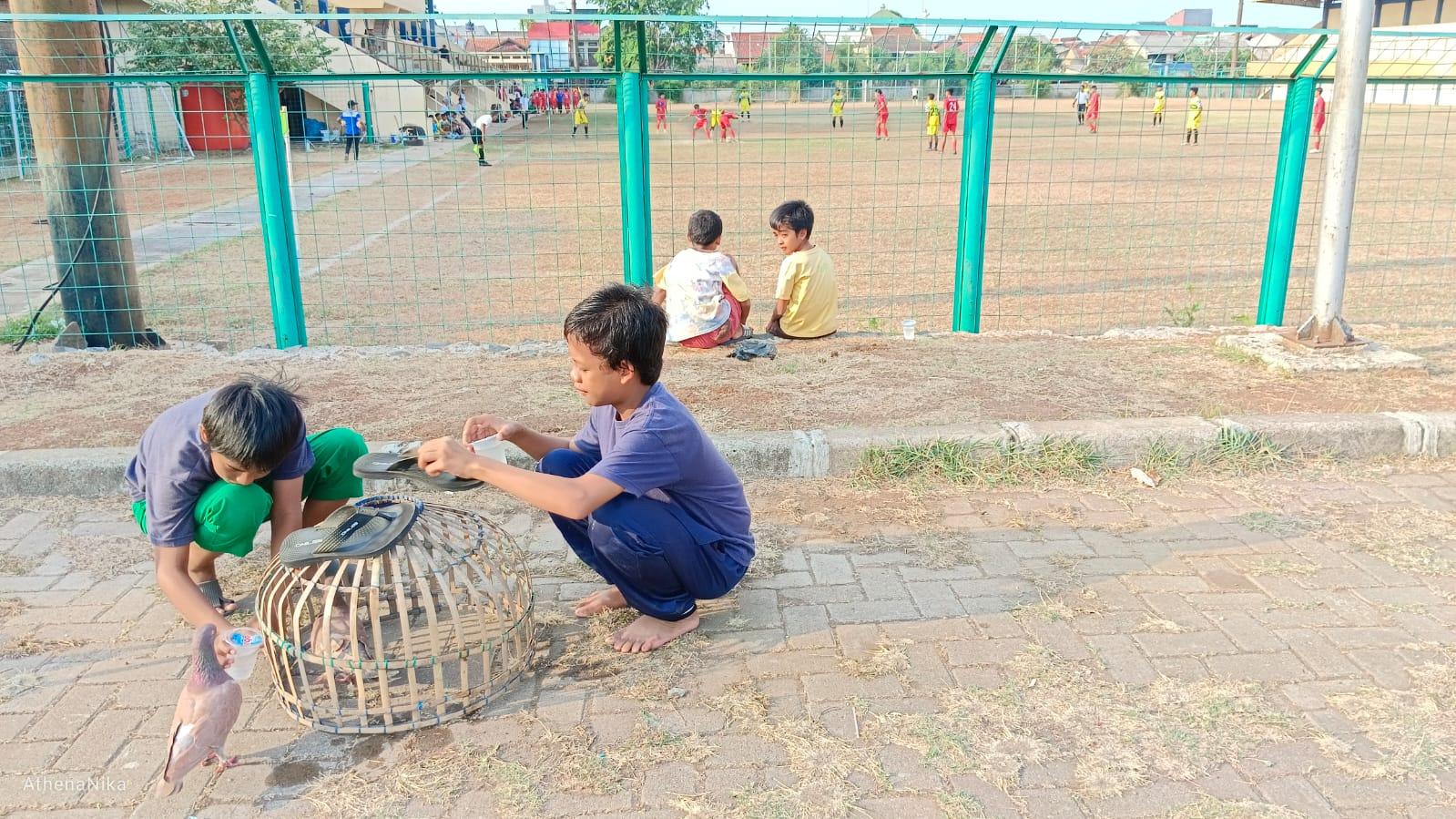 Laga uji coba Depok Raya FC vs FC Depok City menarik perhatian anak-anak sekitar lokasi Stadion Mahakam yang gemar bermain burung dara.