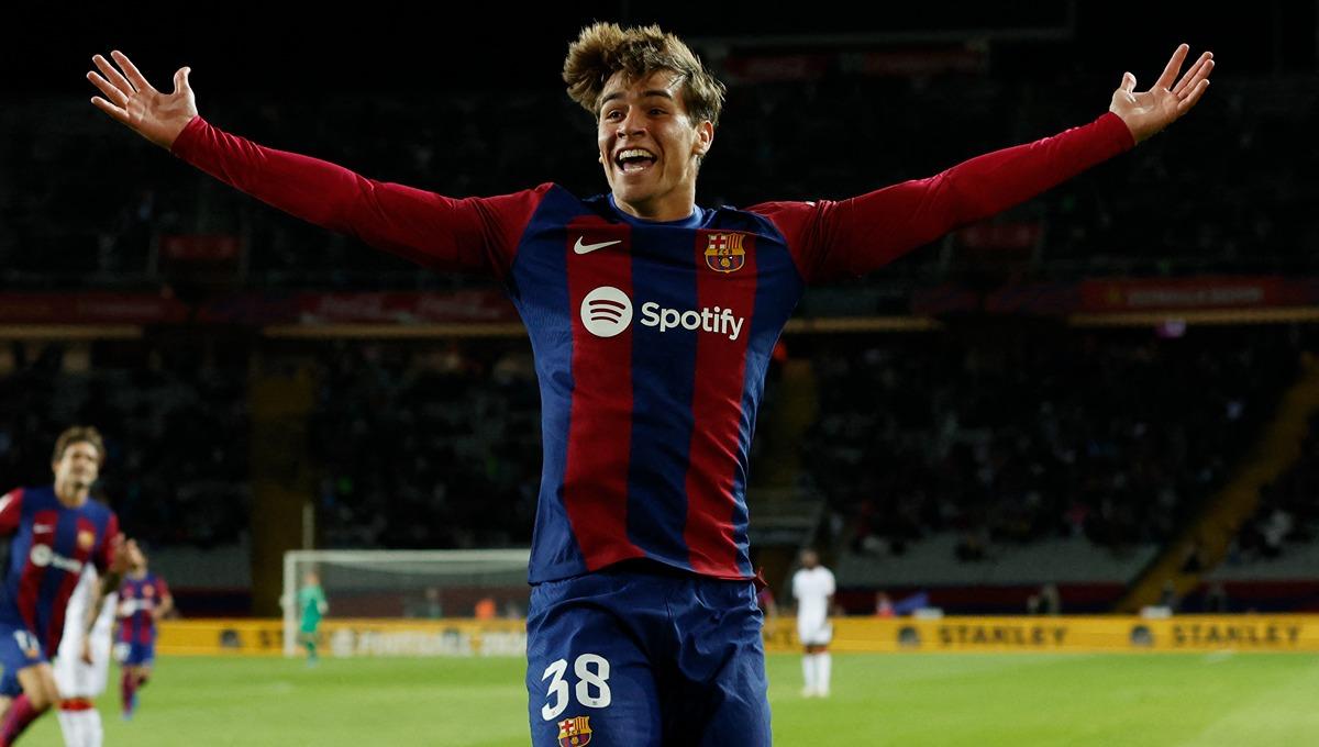 Selebrasi Marc Guiu usai mencetak gol di laga Barcelona vs Athletic Bilbao. (Foto: REUTERS/Albert Gea)