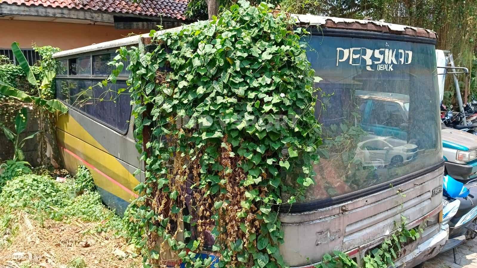Bagian samping bus Persikad Depok sudah ditutupi tumbuhan liar efek ditinggalkan selama belasan tahun. (Foto: Indra Citra Sena/INDOSPORT)
