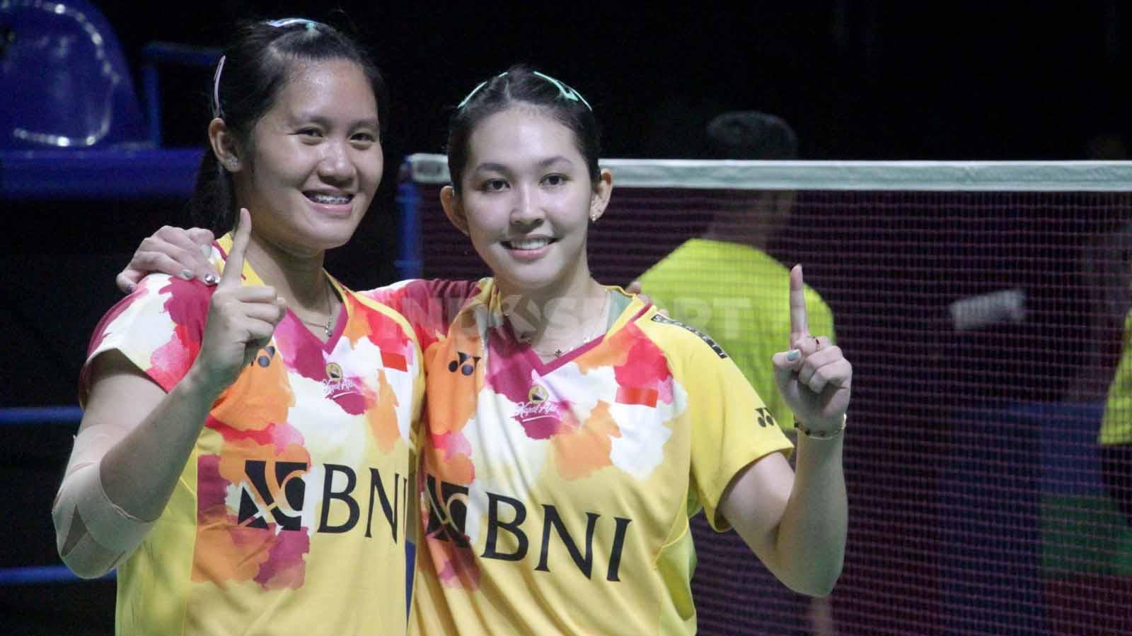 Selebrasi Lanny/Ribka setelah memastikan mengunci gelar di Indonesia Master S100 2023. (Foto: Fitra Herdian/INDOSPORT)