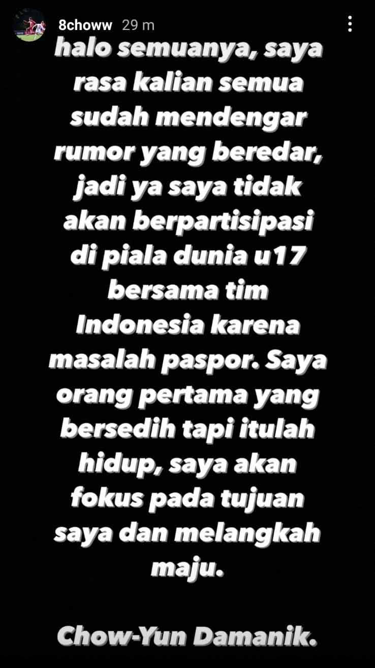 Chow Yun Damanik bongkar fakta di balik gagalnya bela Timnas Indonesia di Piala Dunia U-17. (Foto: Instastory@8choww) Copyright: Instastory@8choww