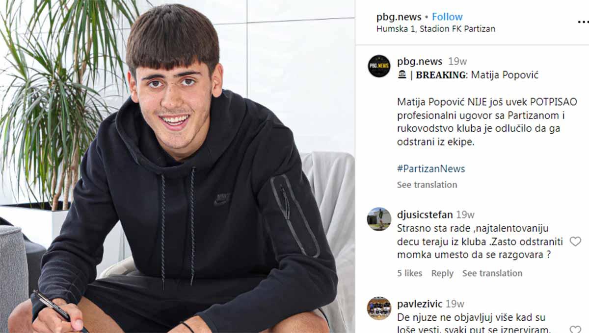 Matija Popovic, pemain FK Partizan, jadi rebutan AC Milan, Barcelona, dan Madrid pada bursa transfer. (Foto: Instagram@pbg.news)