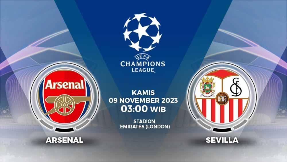 Link live streaming pertandingan Liga Champions matchday ke-4 antara Arsenal vs Sevilla pada Kamis (09/11/23) mulai pukul 09:00 WIB. - INDOSPORT