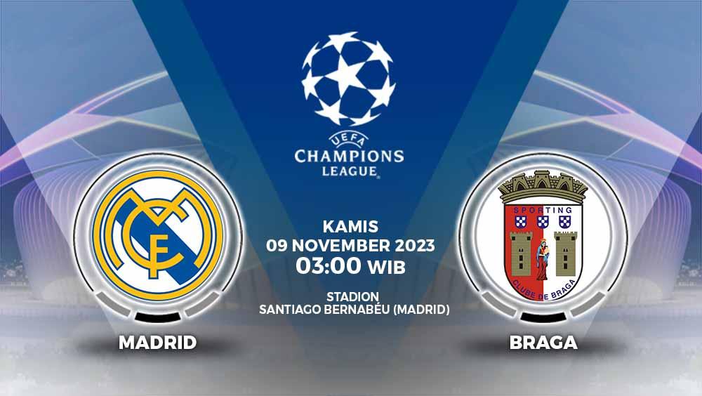 Link live streaming matchday 4 Liga Champions 2023/2024 antara Real Madrid vs Braga, Kamis (09/11/23) pukul 03.00 WIB. - INDOSPORT