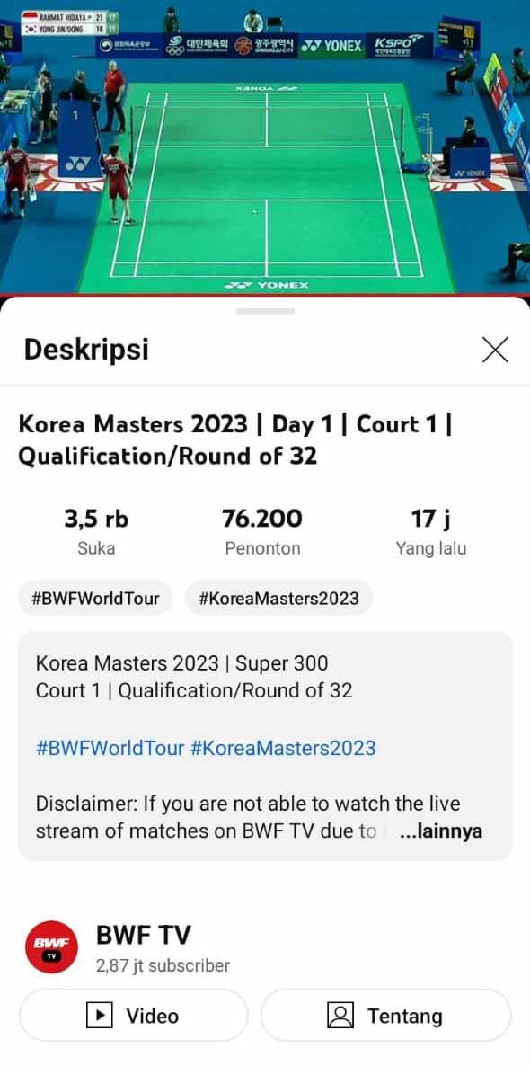 Penonton streaming korea masters membludak efek Kevin Sanjaya/Rahmat Hidayat. (Foto: Youtube BWF TV) Copyright: Youtube BWF TV