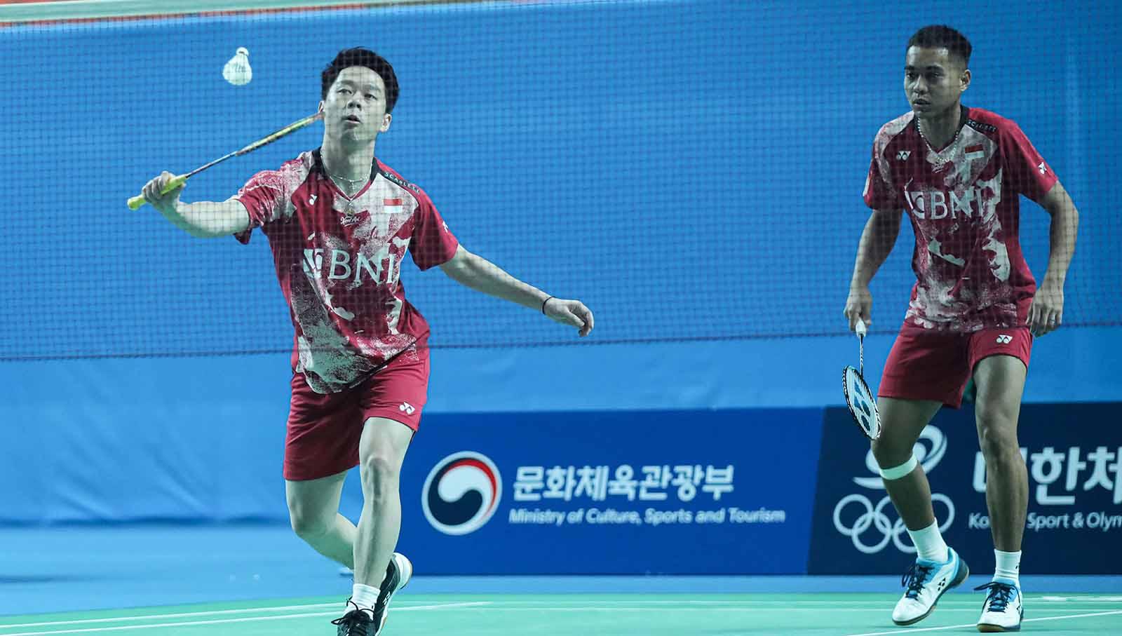 Pasangan ganda putra Indonesia, Kevin Sanjaya/Rahmat Hidayat jalani debut di Korea Masters 2023 (Foto: Humas PP PBSI)