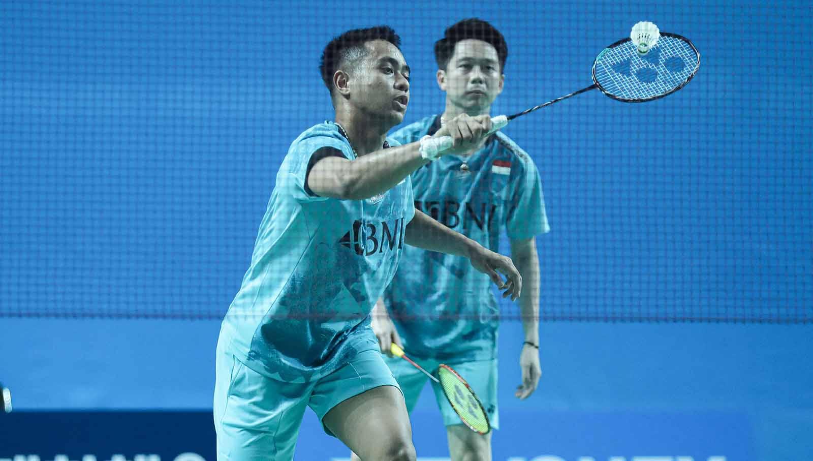 Pasangan ganda putra Indonesia, Kevin Sanjaya/Rahmat Hidayat saat tampil di Korea Masters 2023 (Foto: Humas PP PBSI) - INDOSPORT