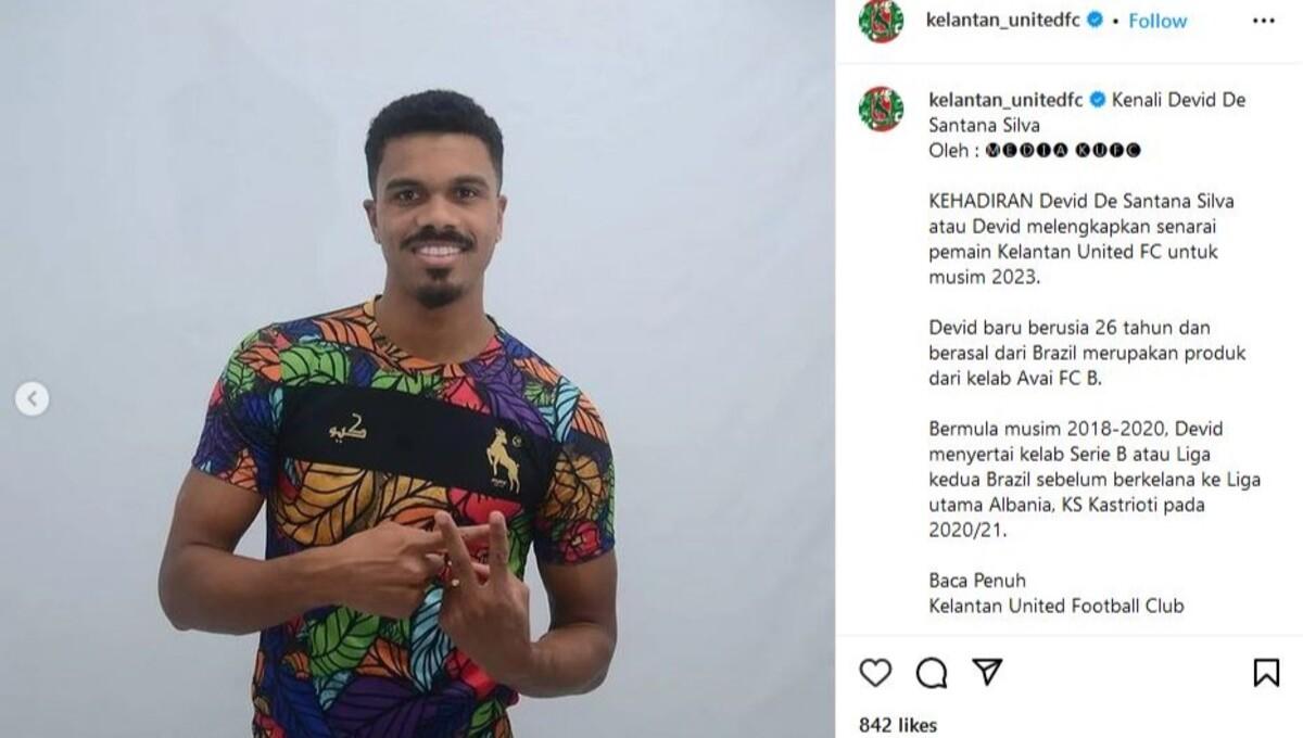 Devid de Santana Silva, calon bomber asing Barito Putera di putaran kedua Liga 1 2023/2024. (Foto: IG @kelantan_unitedfc)