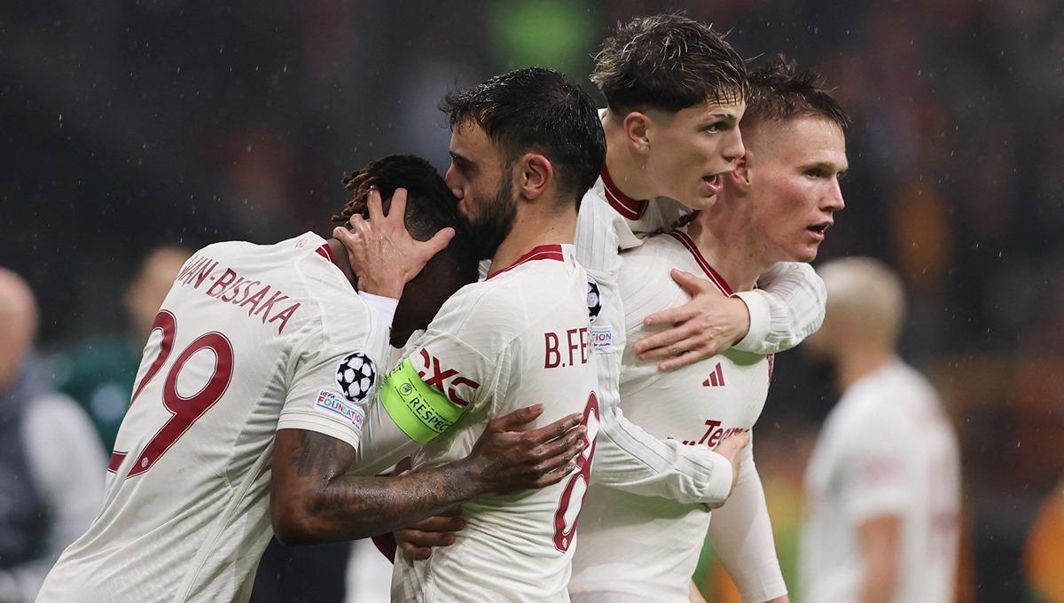 Selebrasi pemain Manchester United usai mencetak gol ke gawang Galatasaray di Liga Champions, Kamis (30/11/23) dini hari WIB.