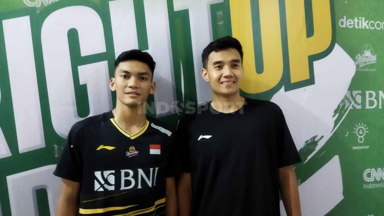 Pasangan ganda putra Indonesia, Bagas Maulana/Muhammad Shohibul Fikri ketika mengikuti pertandingan eksibisi bright up cup 2023 di GOR Sudirman, Surabaya. (Foto: Fitra Herdian/INDOSPORT)