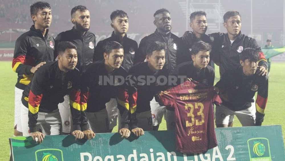 Skuat Persipa Pati sebelum melawan Deltras FC pada laga Pegadaian Liga 2 di Stadion Gelora Delta, Sidoarjo, Jumat (08/12/23). (Foto: Fitra Herdian/INDOSPORT)