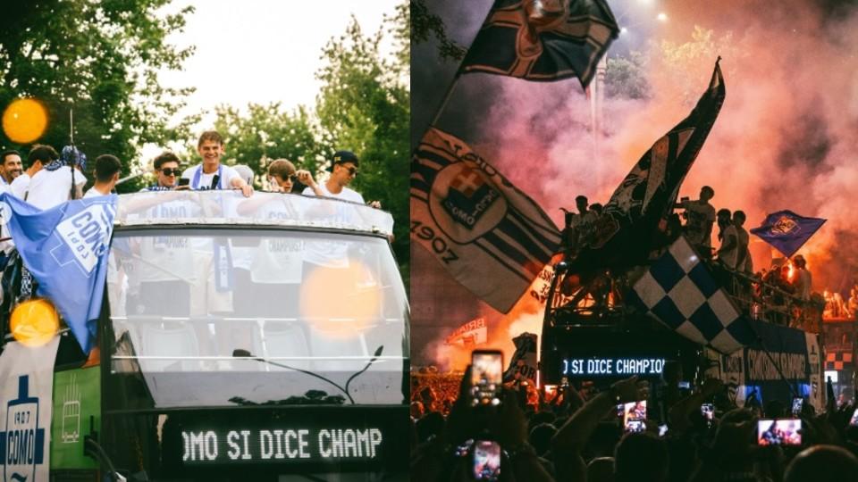 Parade bus terbuka Como dalam merayakan keberhasilan mereka lolos ke Liga Champions musim 2026/27. Instagram/comofootball