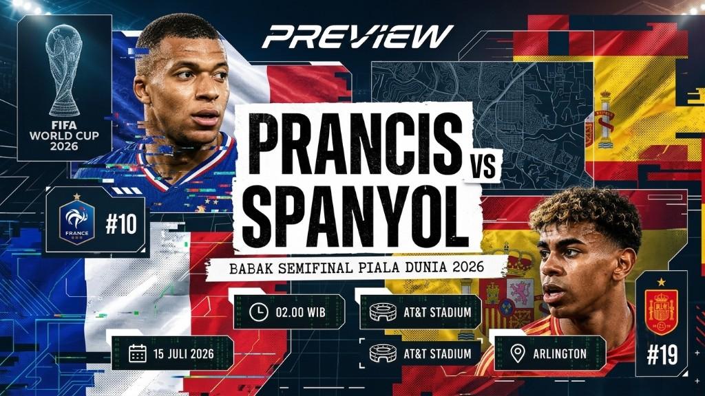 Pertandingan Prancis vs Spanyol pada semifinal Piala Dunia 2026.