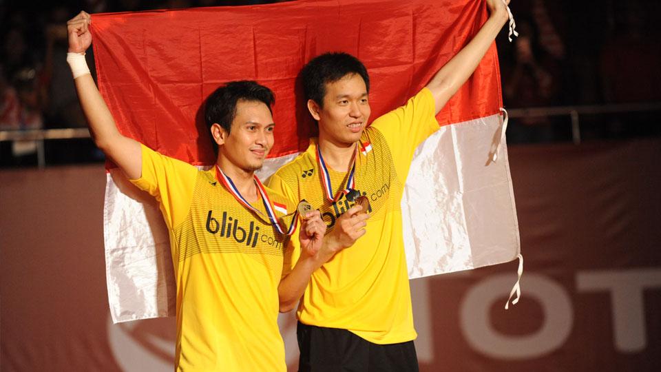 Ganda putra Indonesia, Hendra Setiawan/Mohammad Ahsan berhasil menjadi juara di Kejuaran Dunia 2015 di Istora Senayan, Minggu (16/08/15).