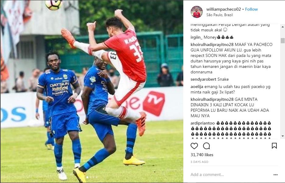 Akun Instagram Pacheco diserang netizen. Copyright: Instagram.com/williampacheco02