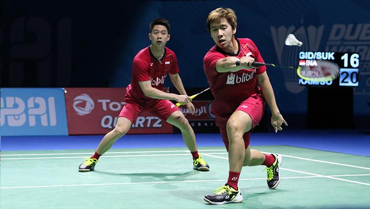 Kevin Sanjaya/Marcus Gideon di laga kedua Dubai Super Series Finals 2017. Copyright: Humas PBSI